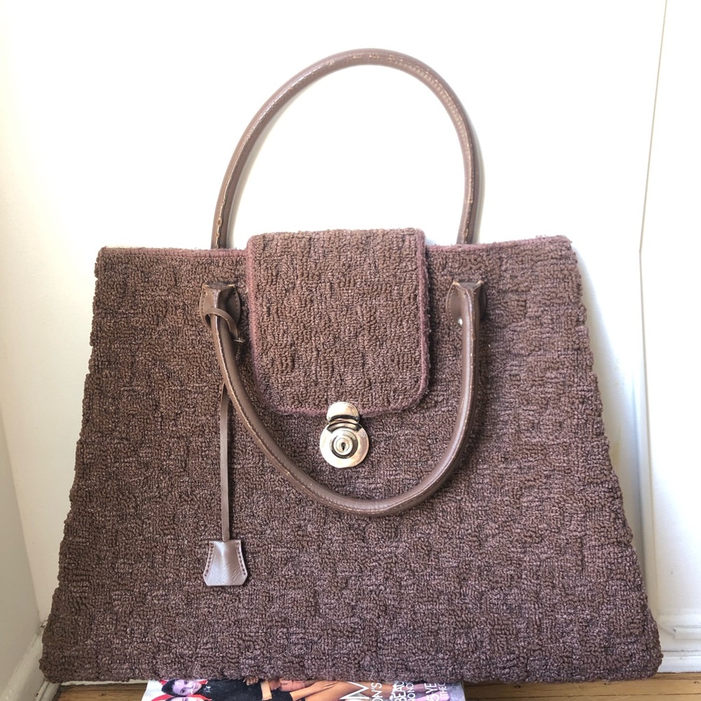 JT Jerry Terrence the original carpet bag brown Tote  with Turn-Lock Closure